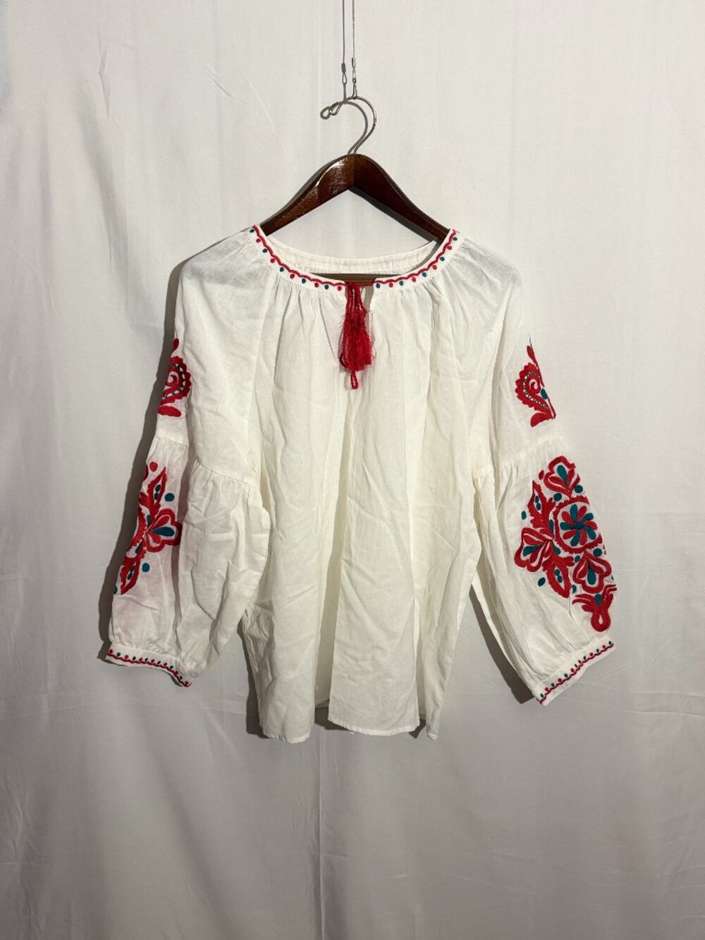 LASCANA NWT Embroidered Boho Peasant Blouse White Red Teal Size 14